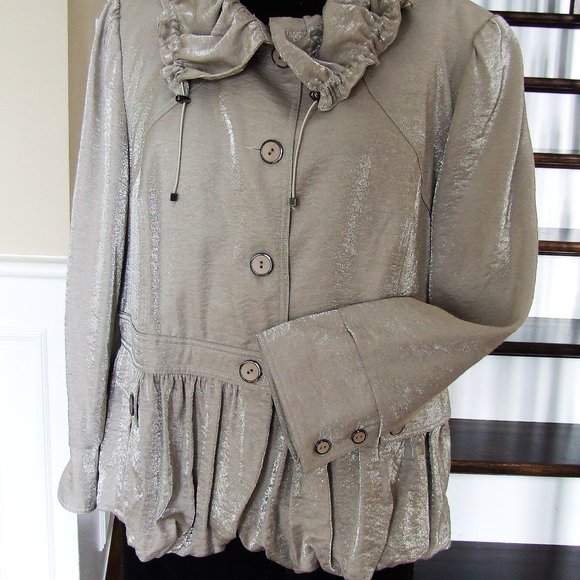 Elegant Beige Metallic Peplum Jacket Blazer L - Picture 4 of 8